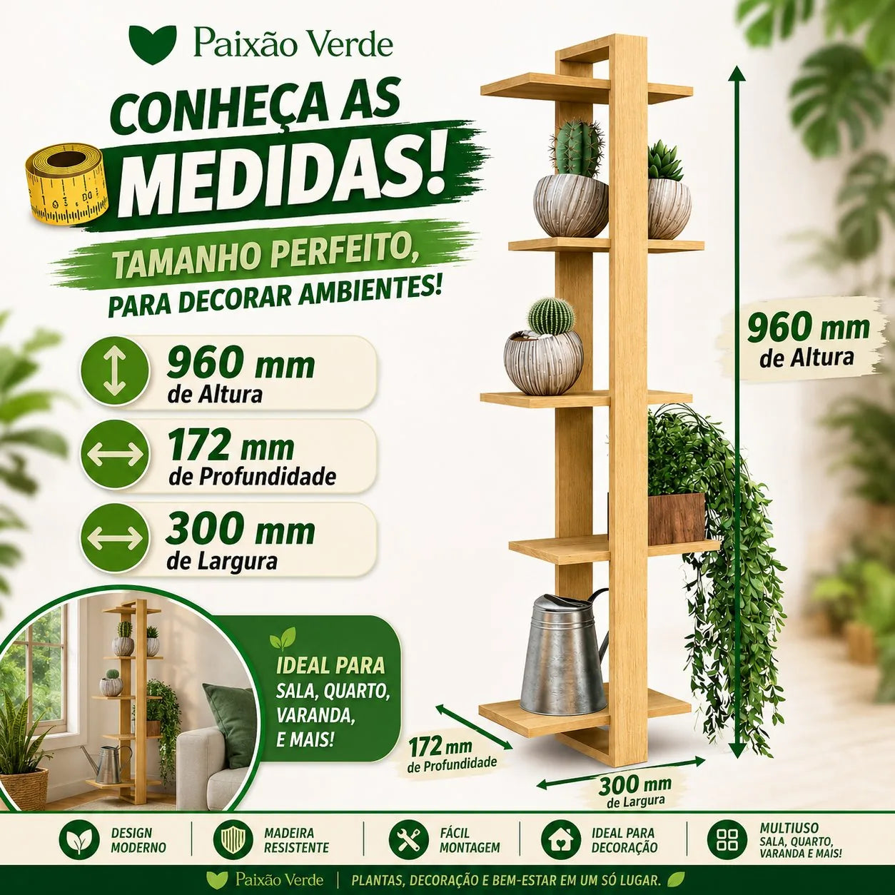 Suporte para Plantas na Parede de Madeira