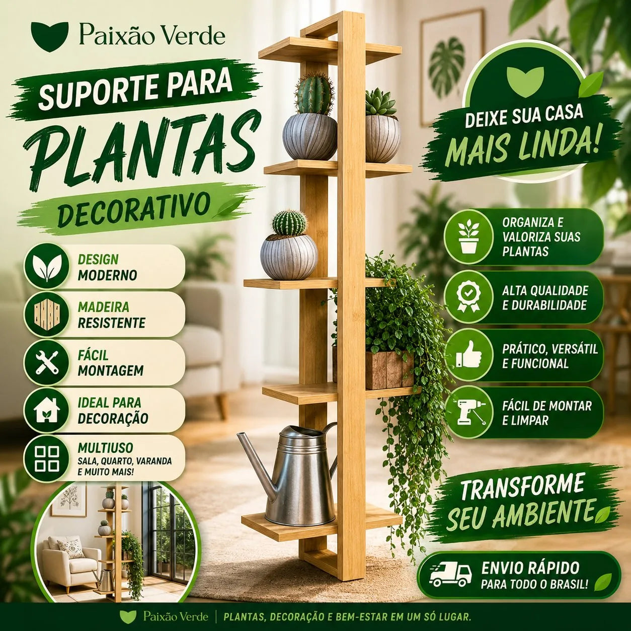 Suporte para Plantas na Parede de Madeira