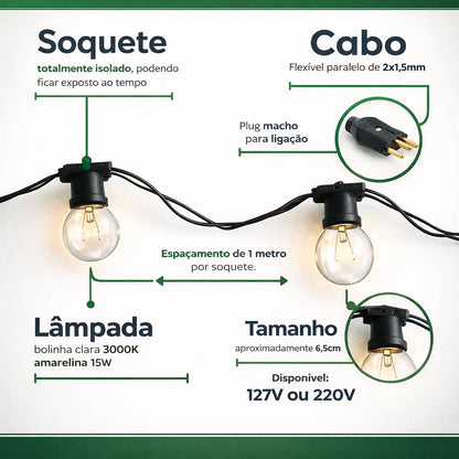 Varal de Lâmpadas Amarelas Para Area Externa - Paixão Verde