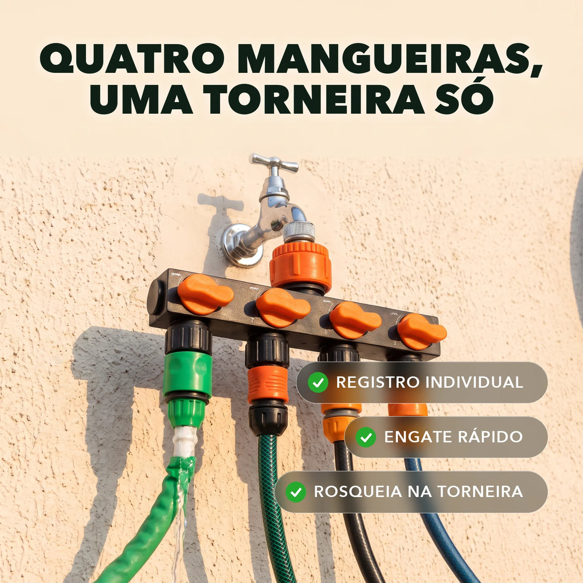Distribuidor de Mangueira 4 Vias com Registro - FluxoQuatro™ Paixão Verde