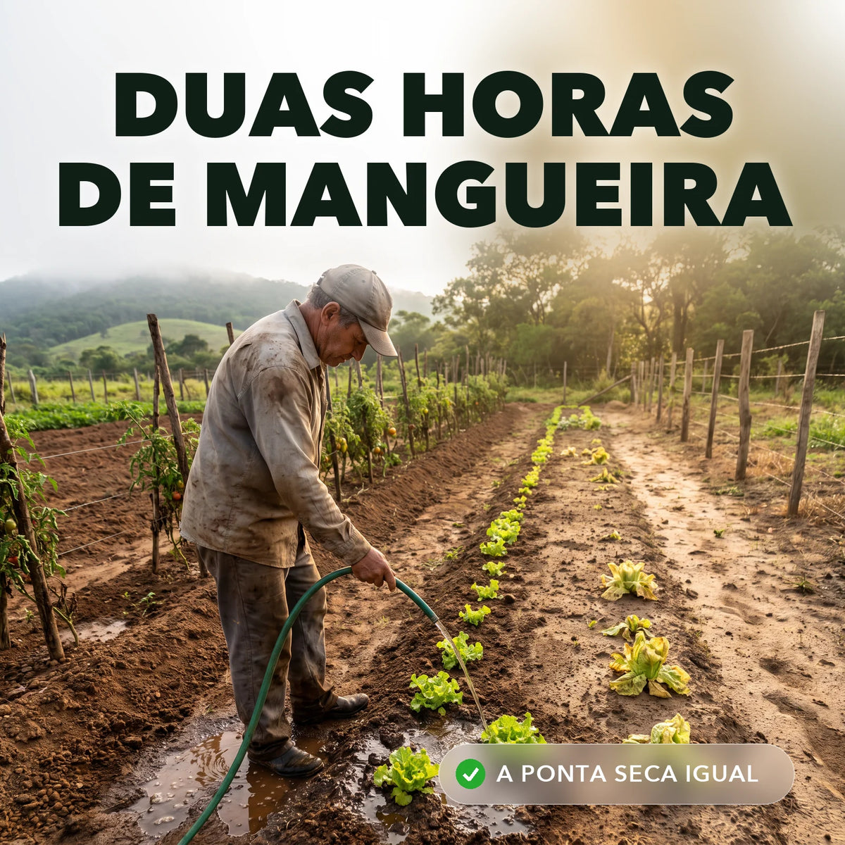Homem regando a horta na mangueira