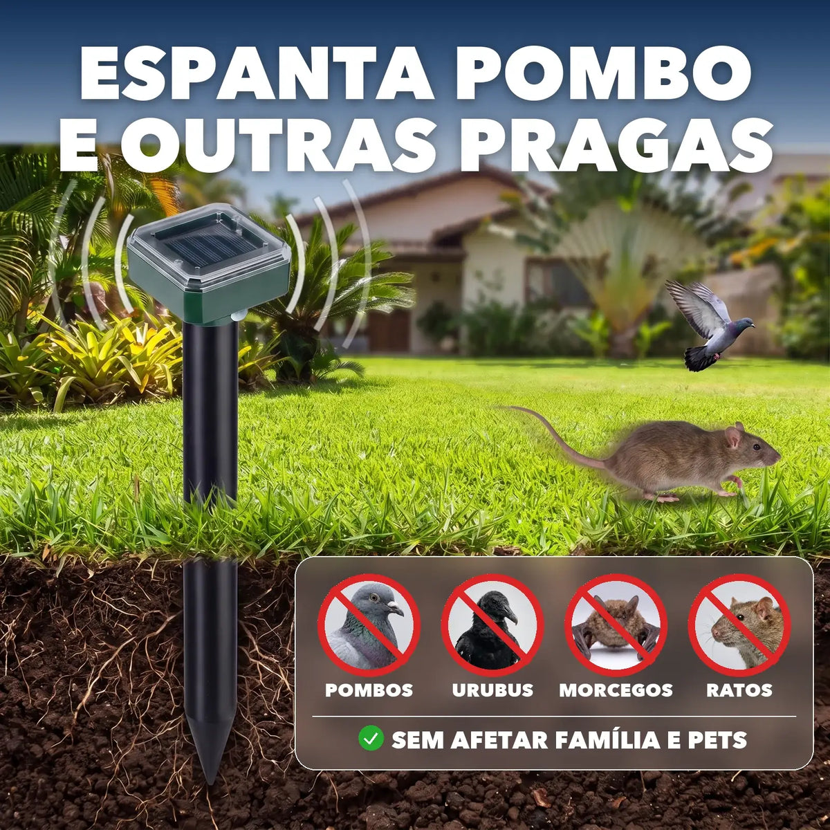 Espanta pombo e outras pragas: pombos, urubus, morcegos e ratos, sem afetar família e pets