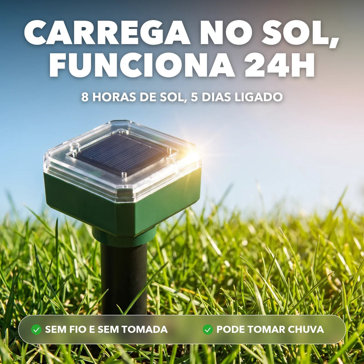 Carrega no sol e funciona 24 horas, sem fio e sem tomada