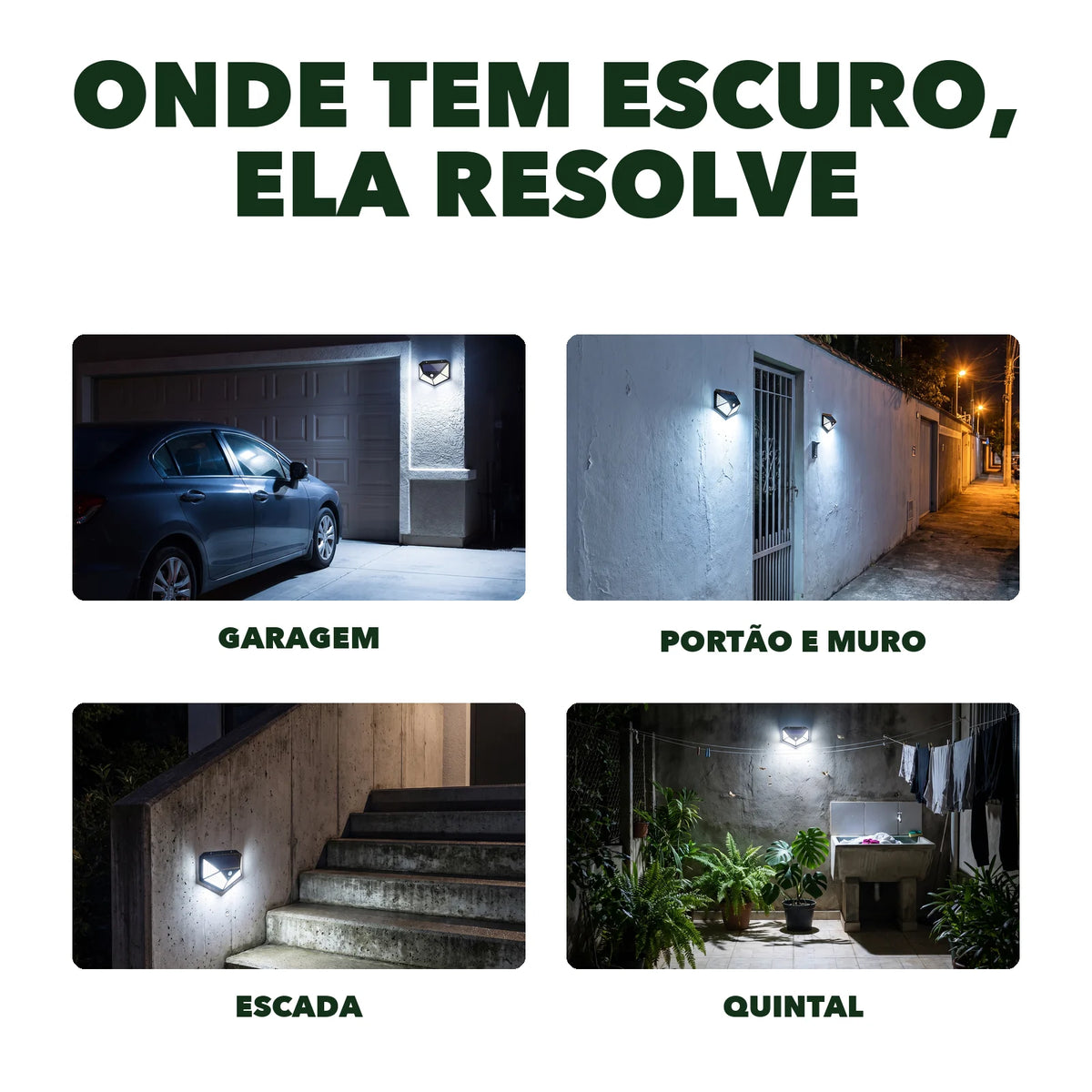 Luminária solar instalada na garagem, no muro, na escada e no quintal
