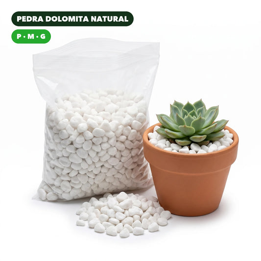 Pedra branca dolomita natural em saco transparente e vaso de suculenta