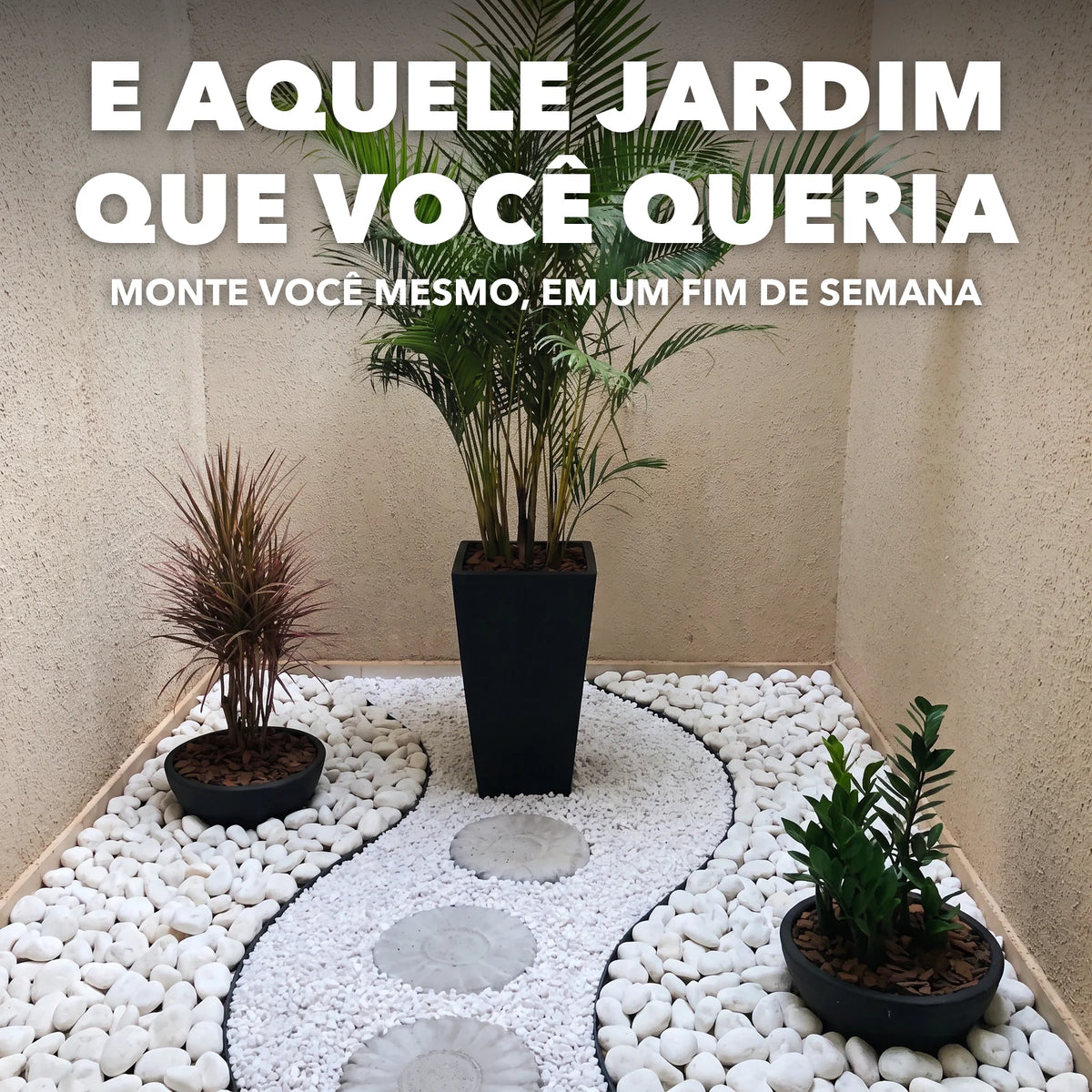Jardim lateral com pedra branca e pisantes, monte você mesmo