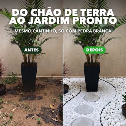 Antes e depois: chão de terra virou jardim com pedra branca