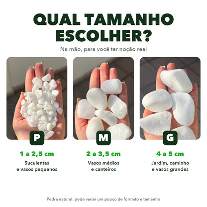 Tamanhos da pedra dolomita na mão: P 1 a 2,5 cm, M 2 a 3,5 cm, G 4 a 5 cm