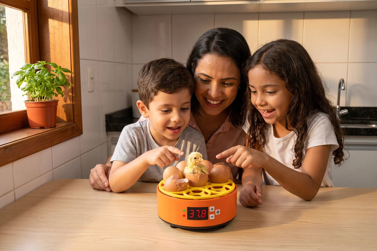 Mae e dois filhos sorrindo para um pintinho recem nascido na chocadeira