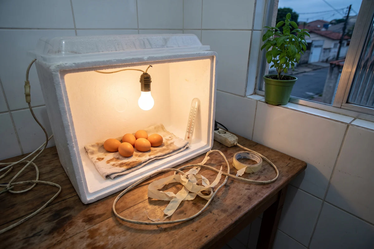 Chocadeira improvisada de caixa de isopor com lampada acesa e ovos sobre uma toalha