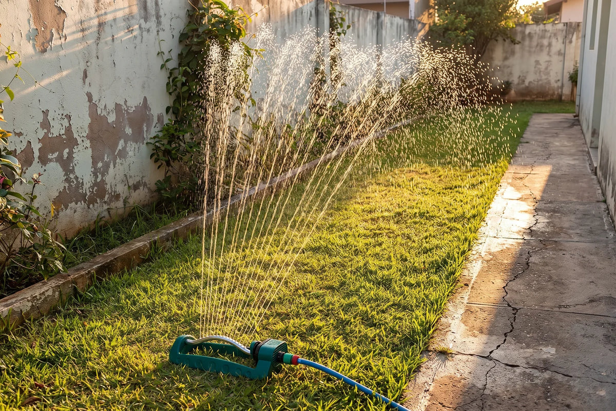 Irrigador oscilante cobrindo a faixa de grama de um quintal comprido