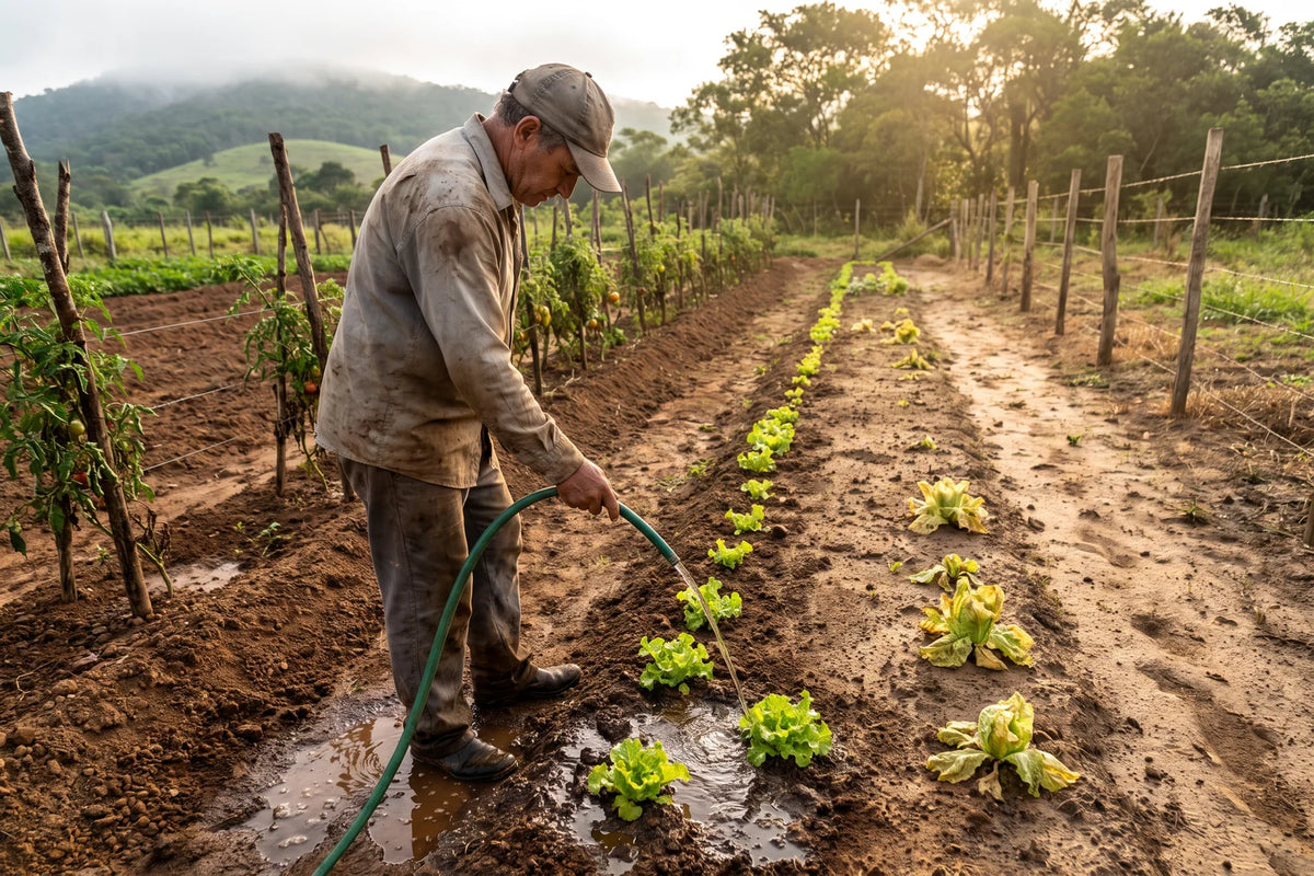 Homem regando a horta na mangueira, com a ponta da fileira seca