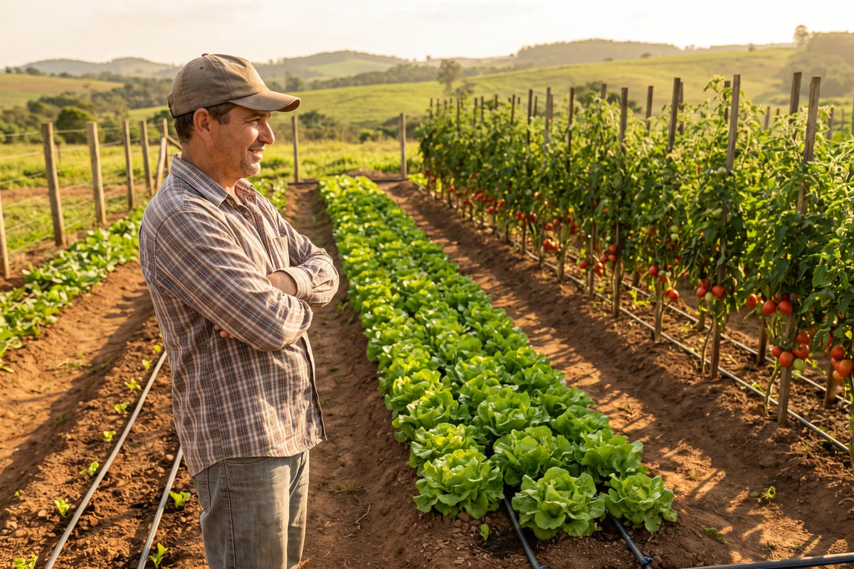 Horta com fileiras uniformes de alface e tomate no fim da tarde