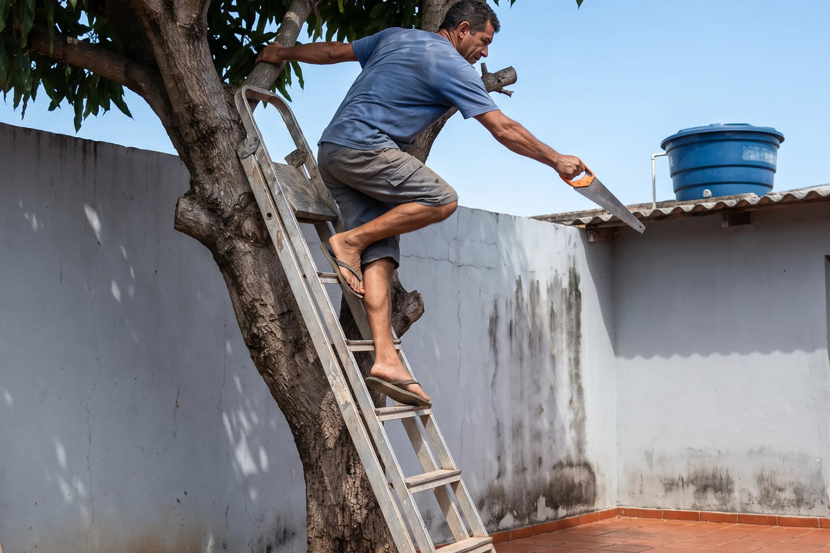 Homem no alto de uma escada inclinada encostada numa mangueira, serrando um galho com uma mão