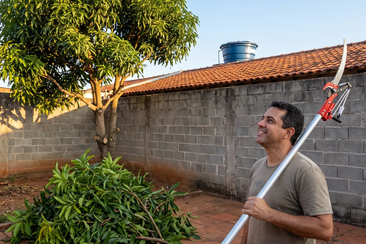 Mangueira podada no quintal com galhos cortados empilhados no chão e o podador apoiado no ombro do dono