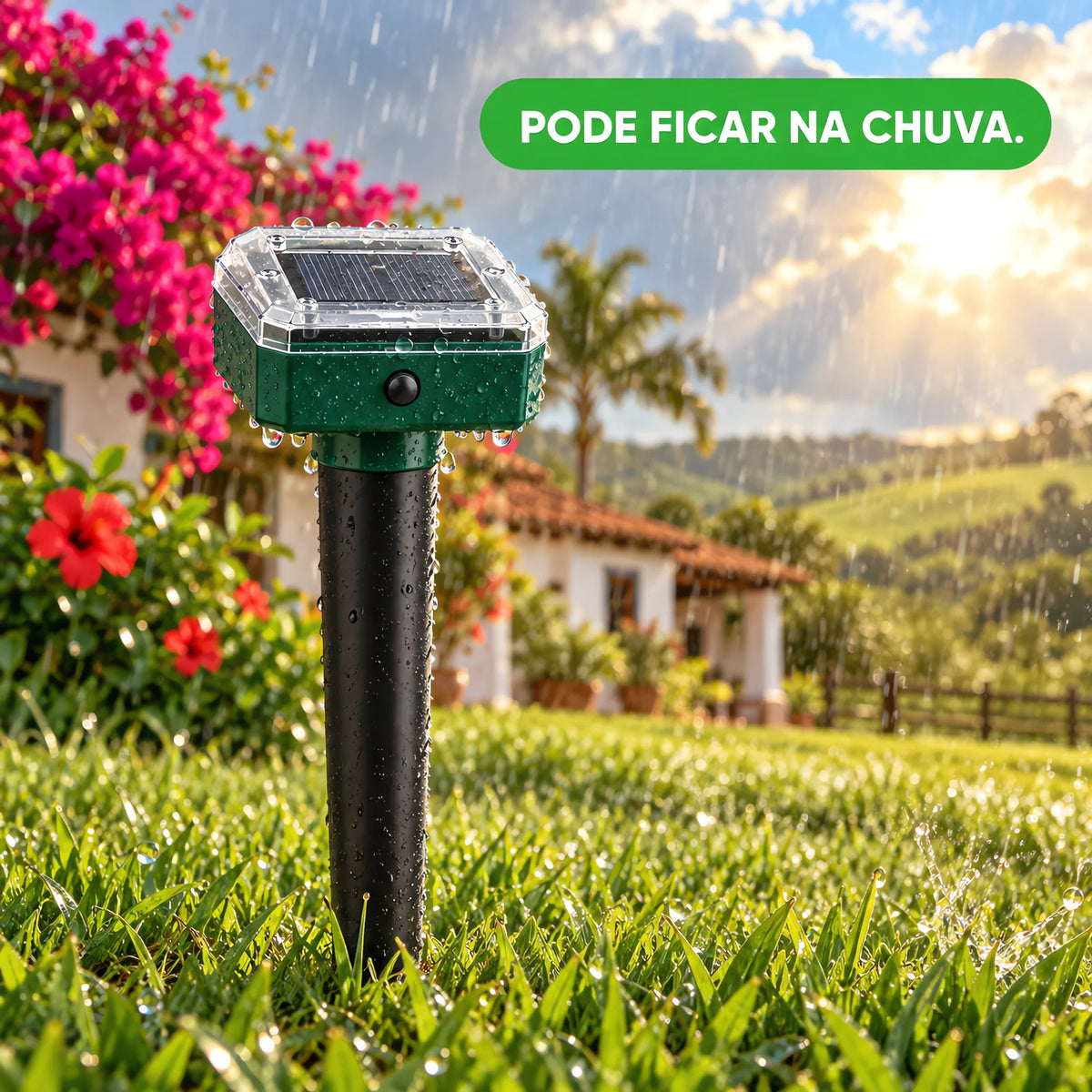 Repelente solar no gramado do sitio durante a chuva, resistente a agua