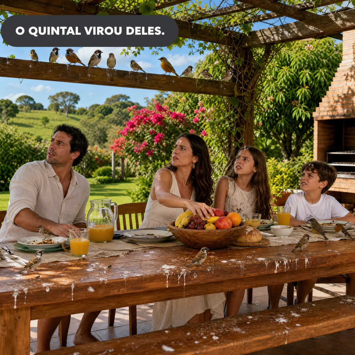 Familia na mesa da area de lazer do sitio incomodada com o bando de aves na pergola