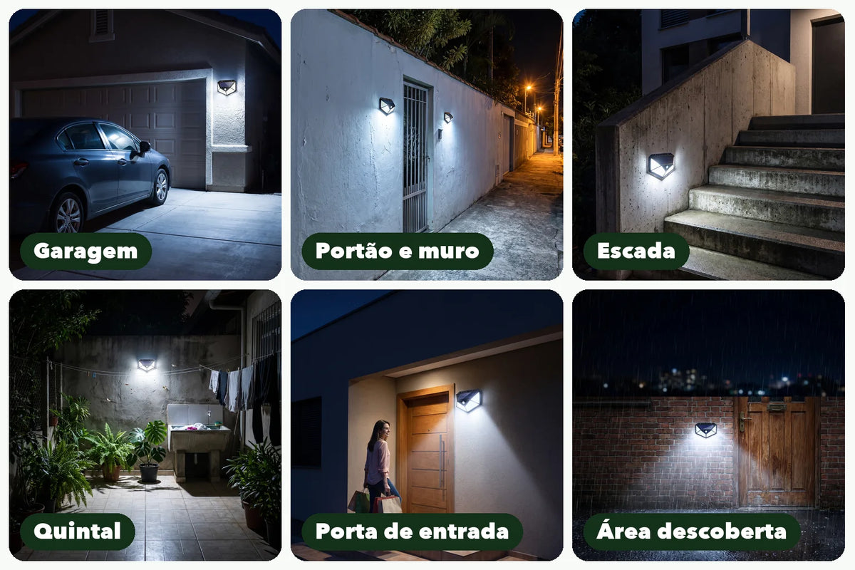 Luminária solar na garagem, portão, escada, quintal, porta e área descoberta