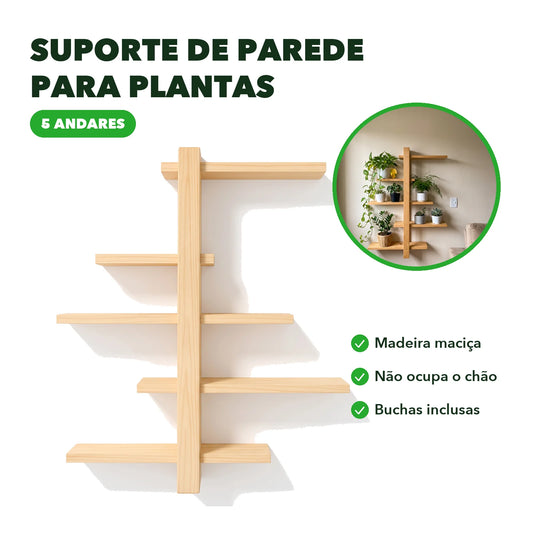Suporte de parede para plantas em madeira maciça com 5 andares