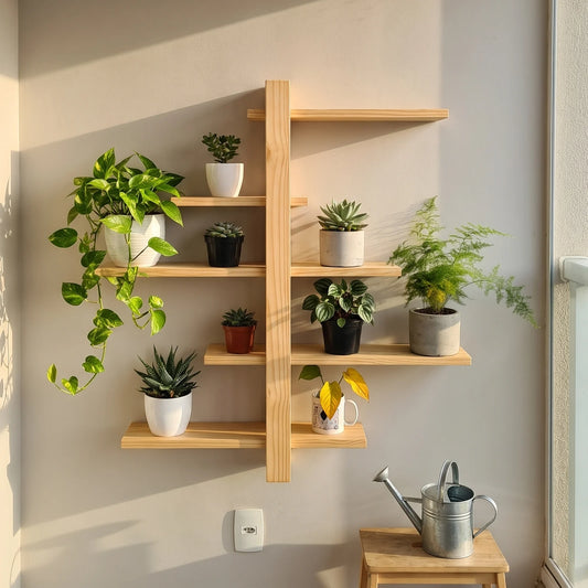 Suporte de parede para plantas de madeira na varanda do apartamento